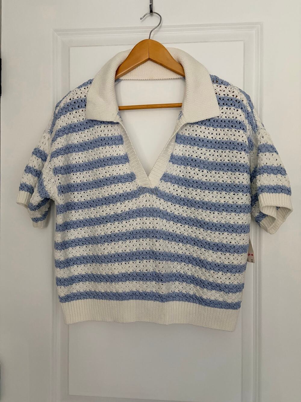 Anthropologie Maeve Grace Open-Back Polo Sweater Blue White Striped Size Medium